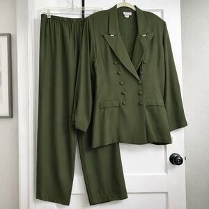 Vintage 90s Olive Green Power Suit SZ 14 Double Breasted Blazer Pants Set NWT